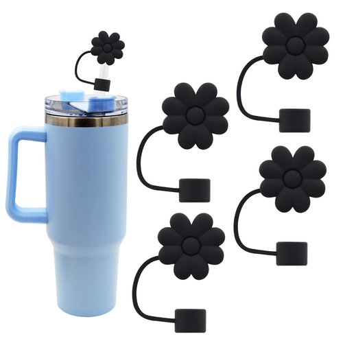 Meitesti Flower Straw Cover Cap for Stanley Cup Silicone Straw Topper Compatible with 30&40 Oz Tumbler, 4pcs Black Flower