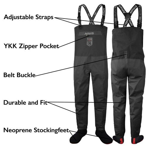 NAVIS MARINE Men's Stockingfoot Fishing Chest Waders-Breathable 4-Layer Waterproof Bib Pants with Reflective Elements(Black, XX-Large)