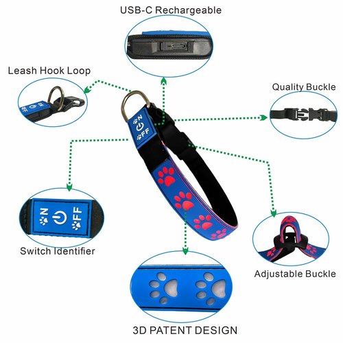 DOGLED LED Light Up Dog Collar, USB-C Rechargeable, Multicolor Paw Print Design, 15 Modes Lighting Night Safety (Green, S(7.87-11.8"))