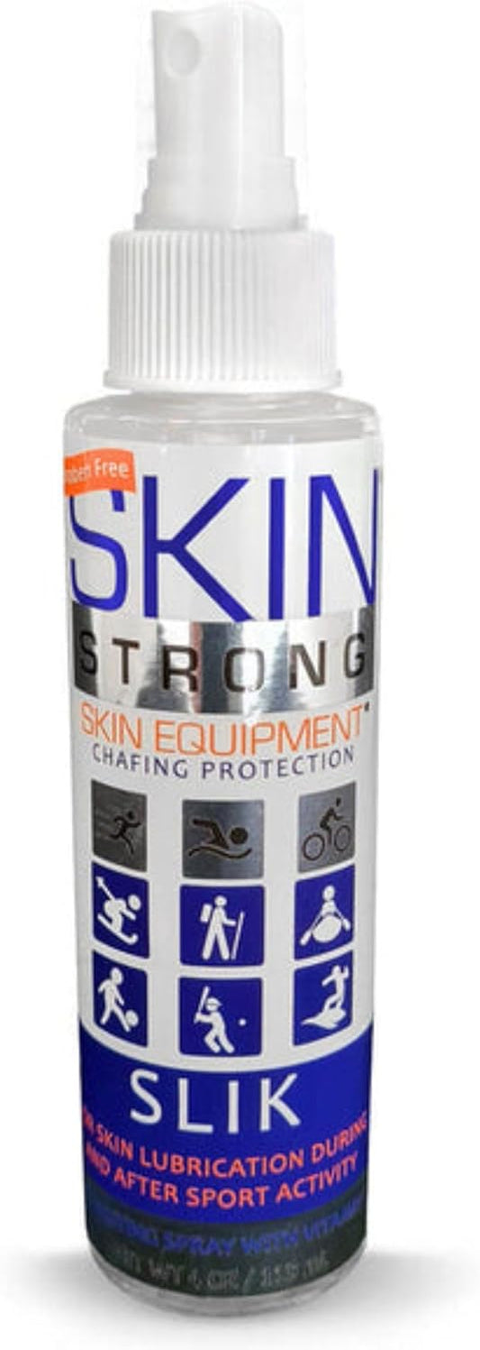 Skin Strong Slik Anti-Friction and Anti-Chafe Spray. Eliminates Chafing and Defends Against Friction. Quick Spray Application for Feet, Thighs, Bras, and Wetsuits. Non-Greasy and Non-Staining.