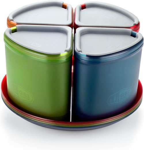 GSI Outdoors Infinity 4 Person Compact Nesting Tableset for Ultra-Light and Compact with Cup, Bowls and Plates for Camping, RV, or BBQ