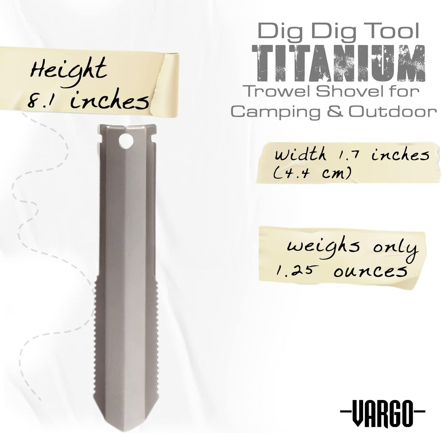 Vargo Titanium Dig Dig Tool | Compact Backpacking Trowel Shovel for Camping & Outdoor Activities | Light Weight Essential Multi Tool Shovel & Tent Stake for Hikers & Outdoor Survivors