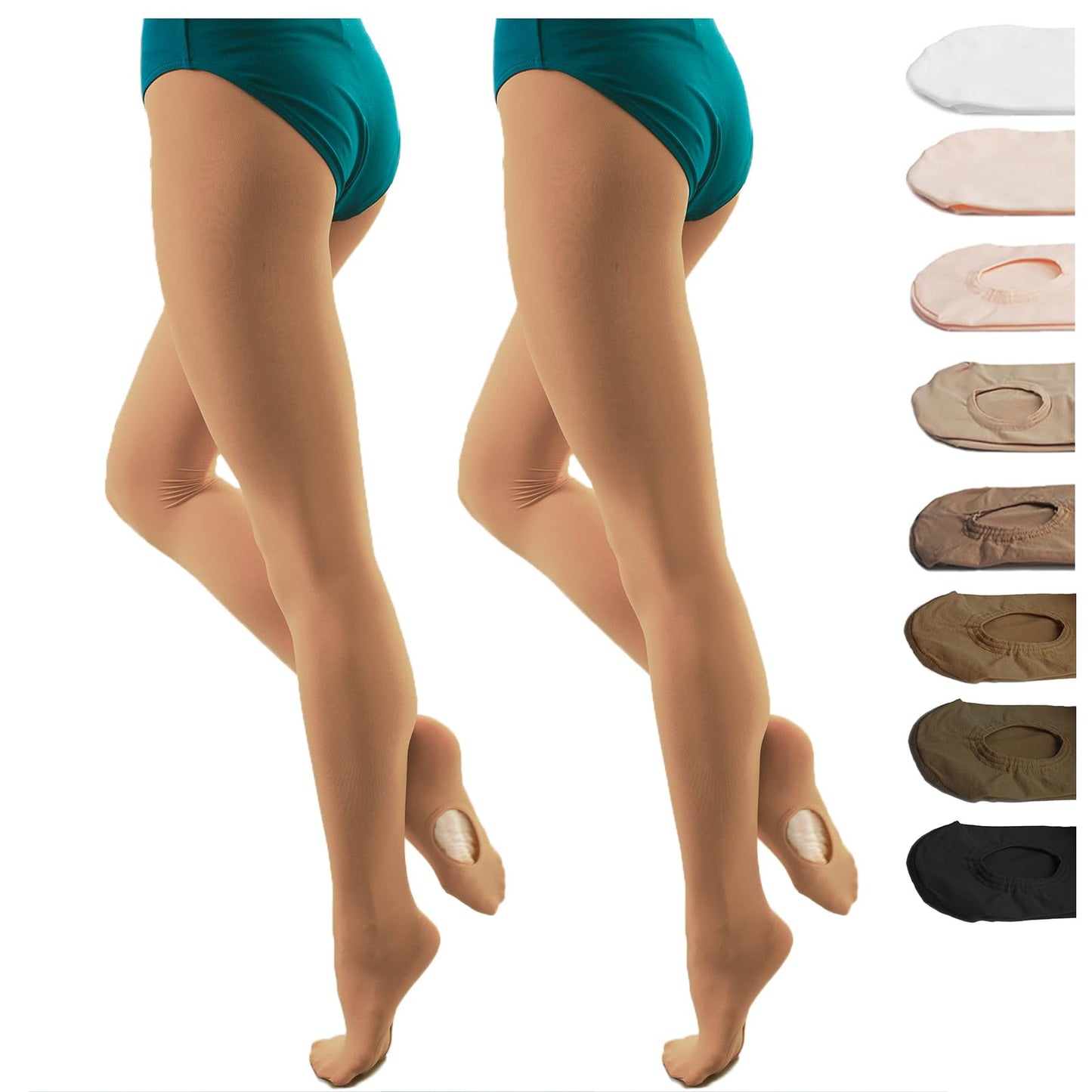 DANCEYOU Dance Tights for Women 2 Pairs Convertible/Footed Girls' Ballet Tights Opaque Leggings for Toddler, Kids and Adults, Tan S