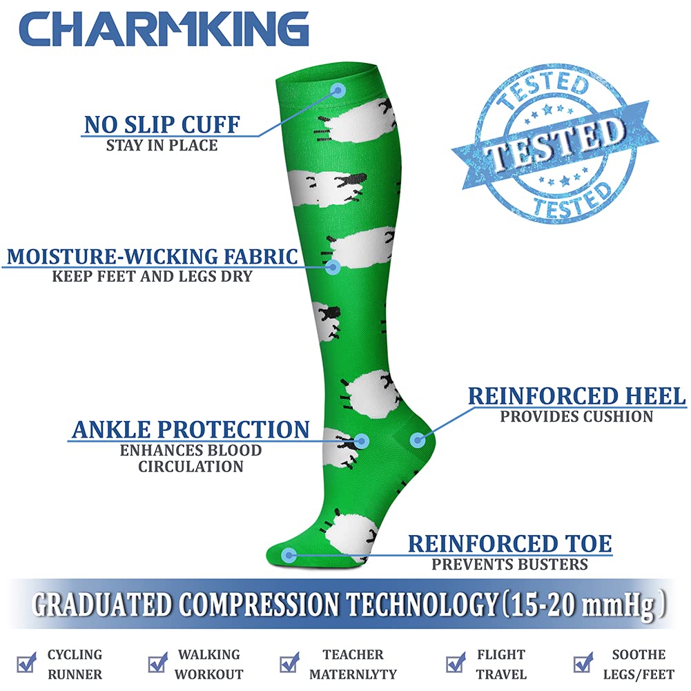 CHARMKING Compression Socks for Women & Men (8 Pairs) 15-20 mmHg Graduated Copper Support Calf Socks are Best for Pregnant, Nurses - Boost Performance, Circulation, Knee High Wide Calf(S/M, Multi 22)