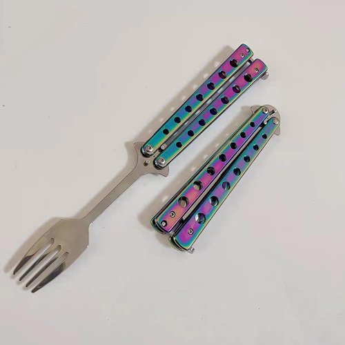 Butterfly Fork and Spoon Set 2 Pcs, Tactical Stainless Steel Folding Butterfly-Open Style, Camping Hiking Kitchen BBQ Grill Picnic Flatware Utensil (Colorful)