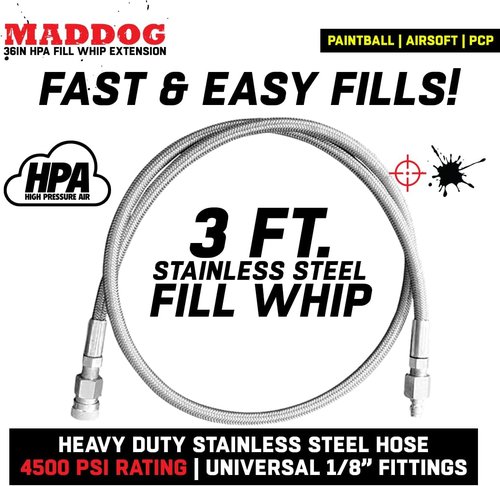 Maddog Paintball Airsoft Fill Whip Hose Extension 4500 Psi PCP - 36 inch Stainless Steel Charging System