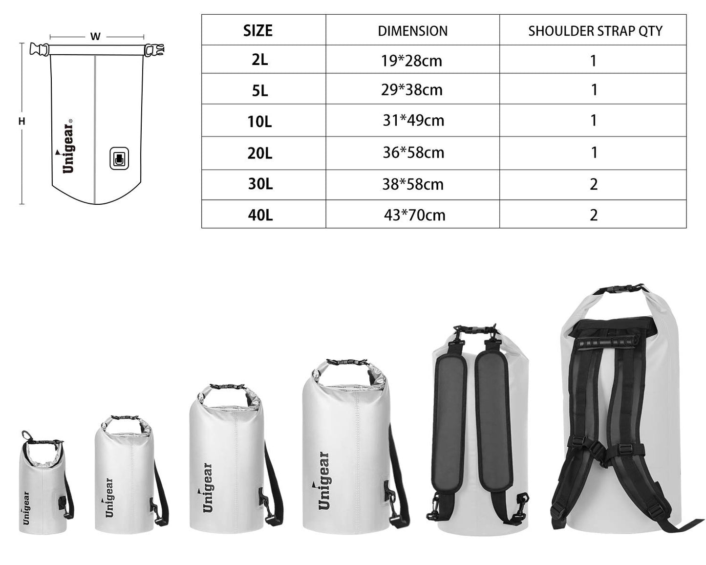 Unigear Dry Bag Waterproof, Floating and Lightweight Bags for Kayaking, Boating, Fishing, Swimming and Camping with Waterproof Phone Case (White, 2L)