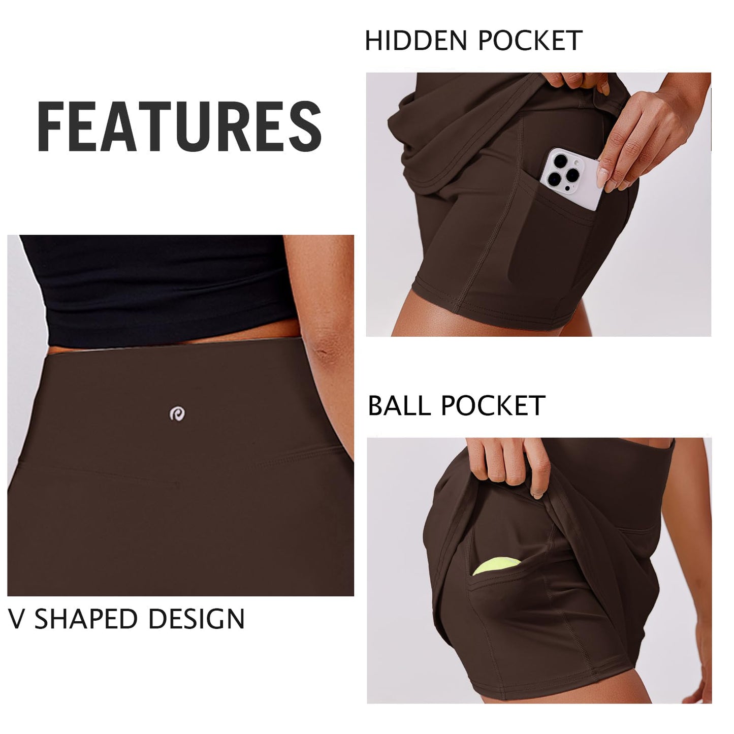 PINSPARK Skorts for Woman Stretchy Tennis Skirts Built-in Shorts Workout Skort Skirts Lightweight Golf Skort Activewear, Espresso Brown XS