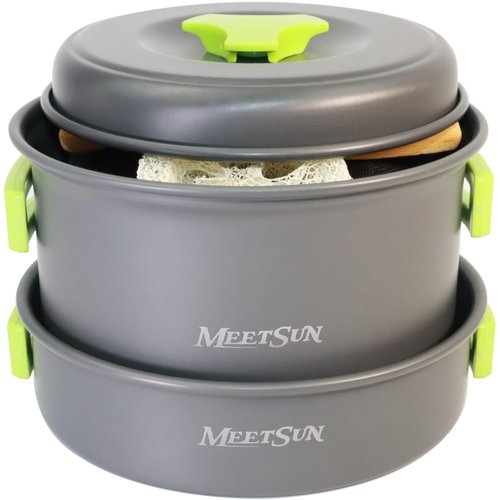 MEETSUN Lightweight Backpacking Cookware Set, Aluminum Camp Cooking Set with 1L Pot,Camping Mess Kit for 1 with Folding Tableware Perfect for Backpacking Stove Kit,Outdoor,Hiking,Survival,Emergency.