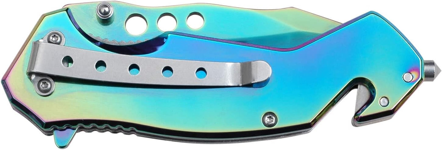 Tac-Force Folding Pocket Knife – Rainbow TiNite Coated Stainless Steel Blade and Handle with Etched Dragon, Rope Cutter, Glass Punch, Pocket Clip, Tactical, EDC, Rescue - TF-759RB