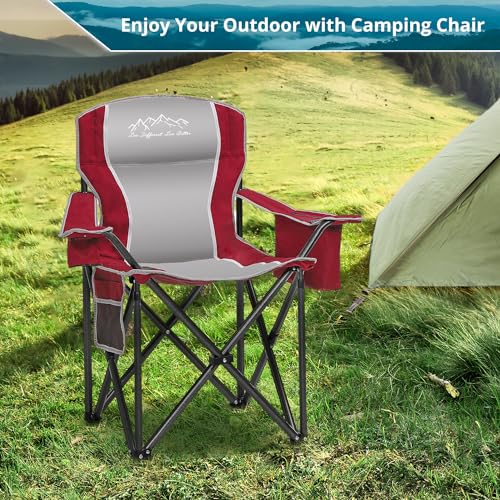 SAILARY 2PCS Folding Camping Chair, Heavy Duty Portable Lawn Chairs with Cooler Bag, Side Pocket & Cup Holder, Folding Chairs for Outside Support 450lbs Red