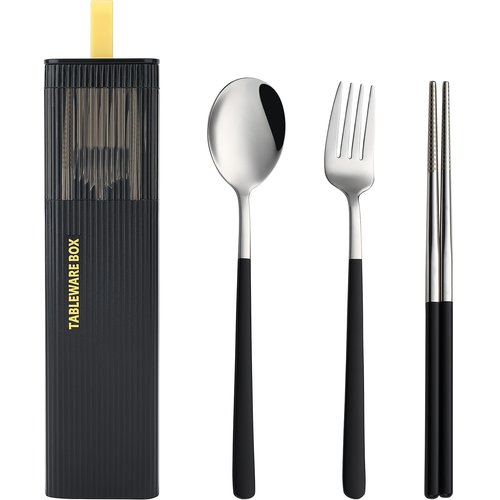 DEVICO Travel Utensils with Case, Stainless Steel Reusable Camping Silverware Set for Lunch Box, Portable Cutlery Kit Includes Fork, Spoon, Chopsticks (Black)