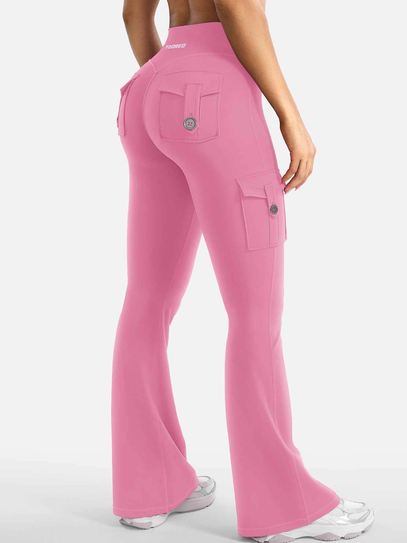 YEOREO CoreFlex Women Workout Flare Leggings with Pockets Hidden Scrunch High Waisted Cargo Gym Yoga Leggings Pink XXL