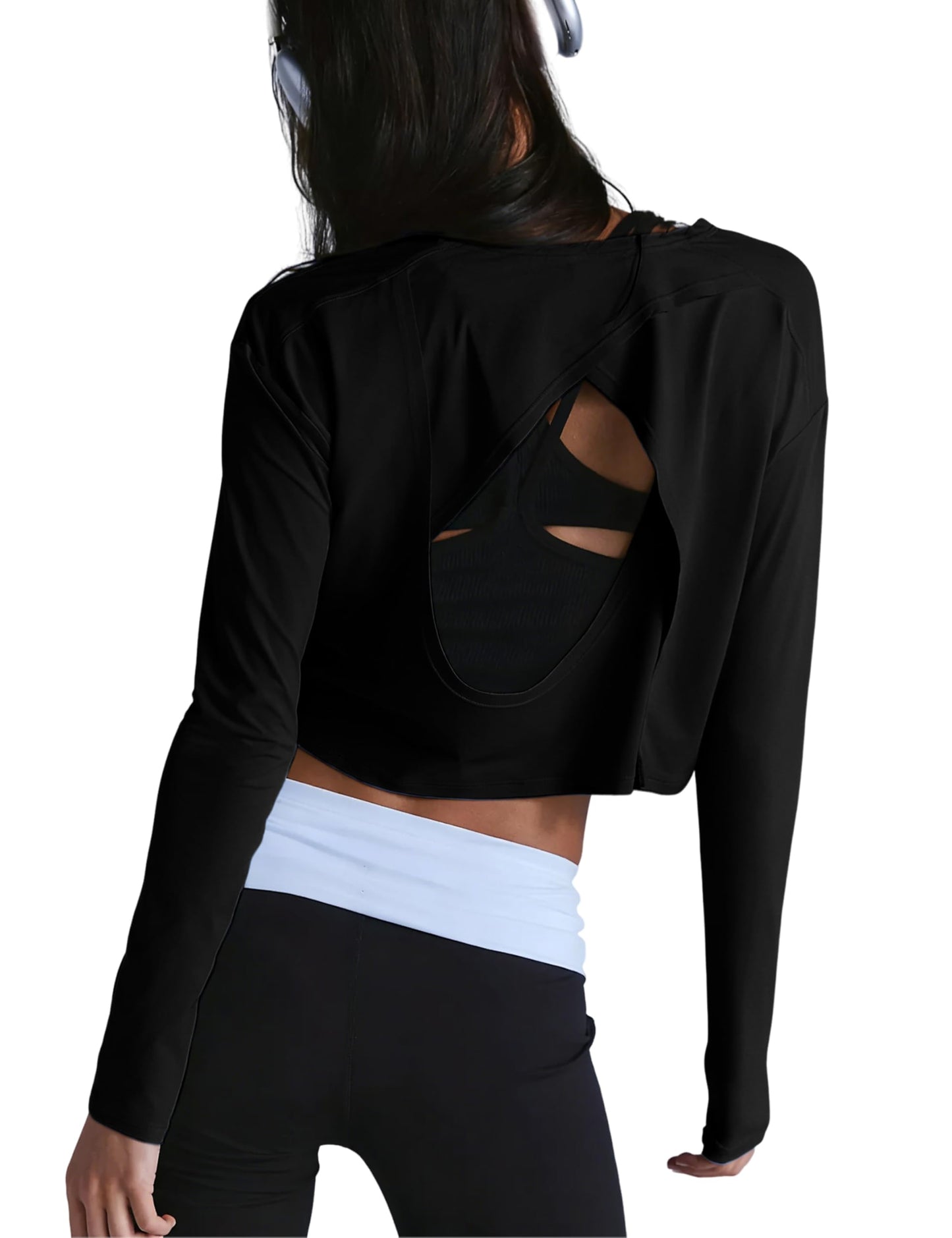 Lviefent Womens Open Back Workout Tops Long Sleeve Cropped Athletic Shirts Blouse Layer Gym Sportswear (Black-M)