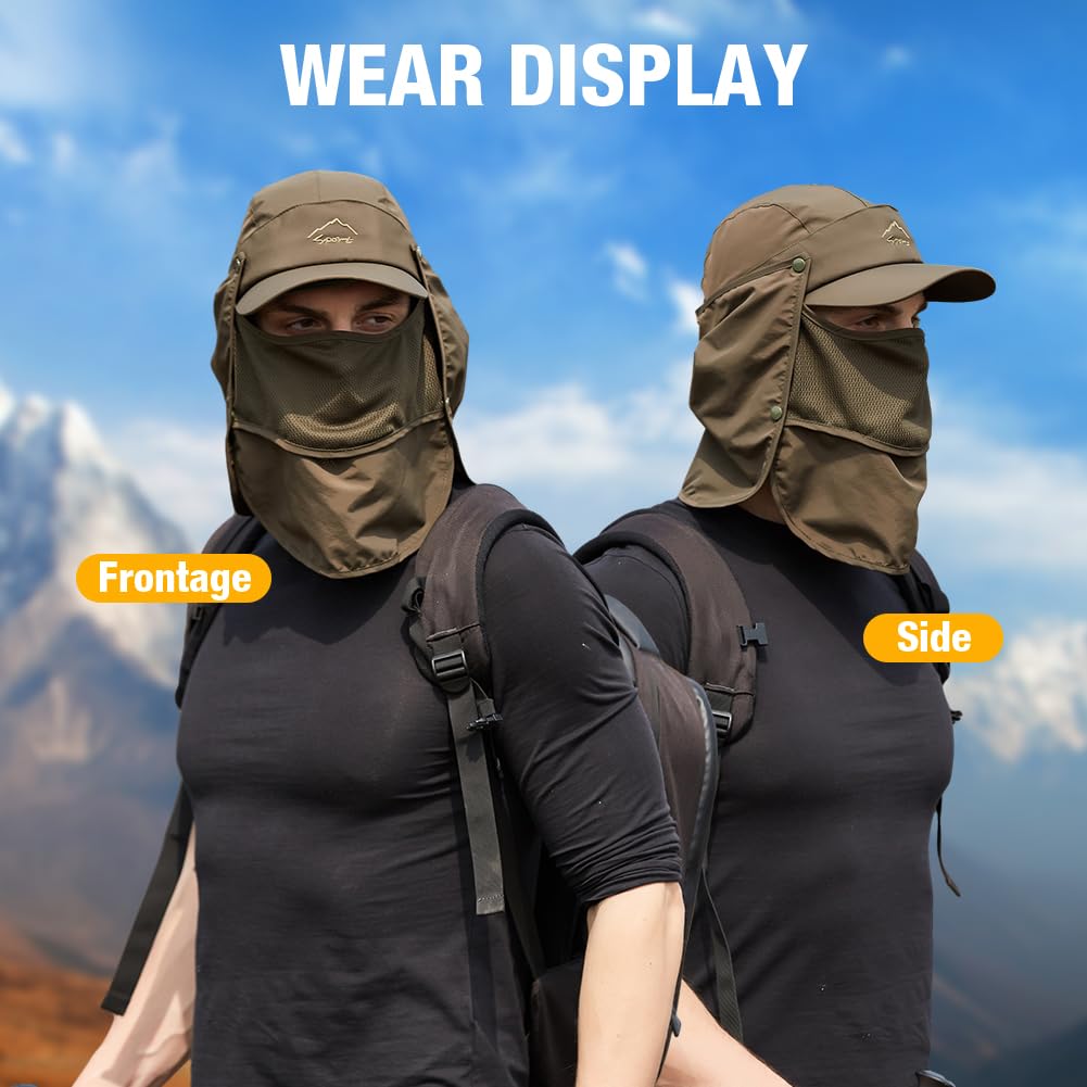 Fishing Hat Sun Cap Men Women Outdoor Hiking Hat with Removable Mesh Mask Neck Flap Cover, UPF 50+ for Sun Protection Light Grey
