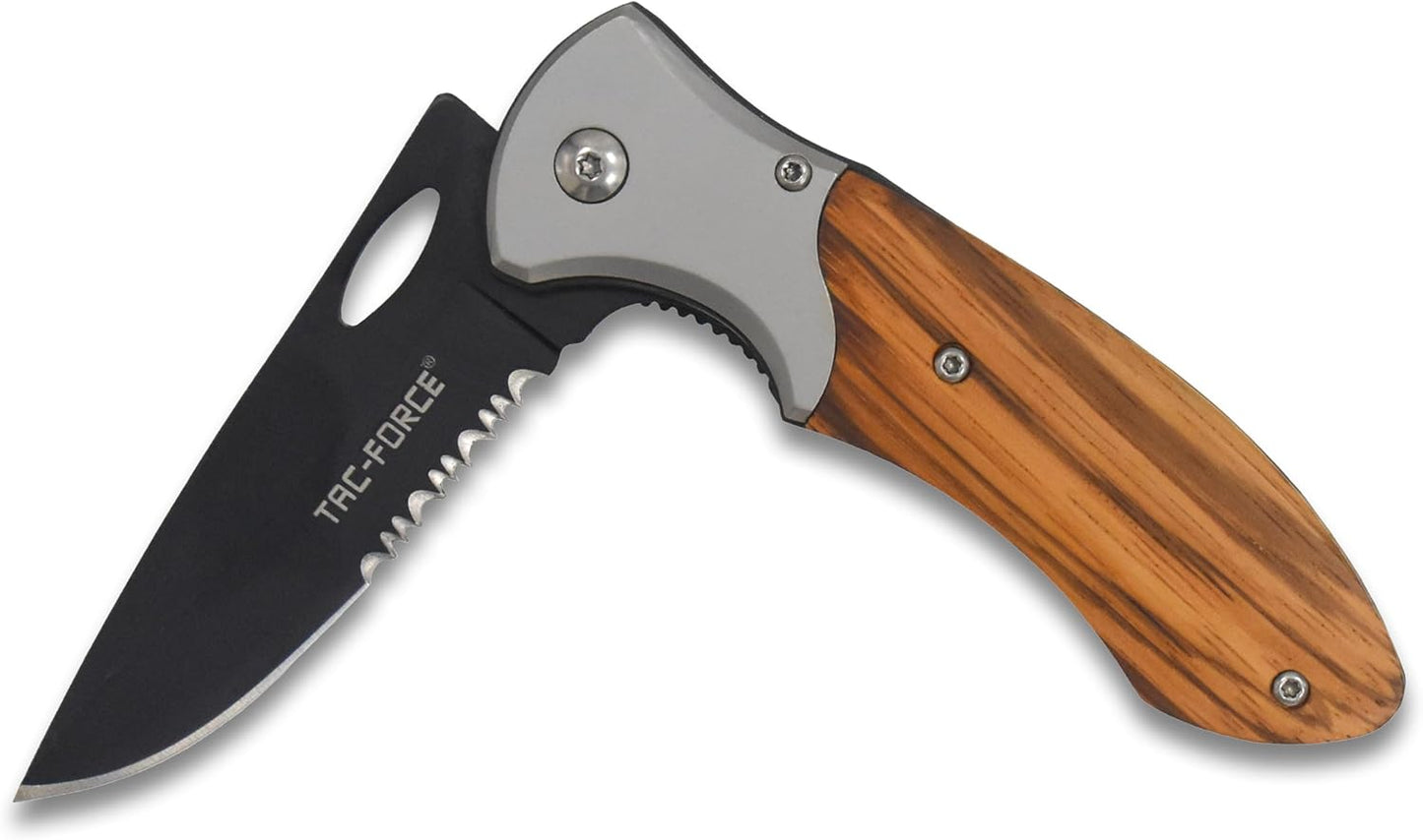 Tac-Force- Folding Pocket Knife –Partially Serrated, Black Stainless Steel Blade, Wood Handle w/Stainless Steel Bolster and Pocket Clip, Tactical, EDC, Rescue - TF-876