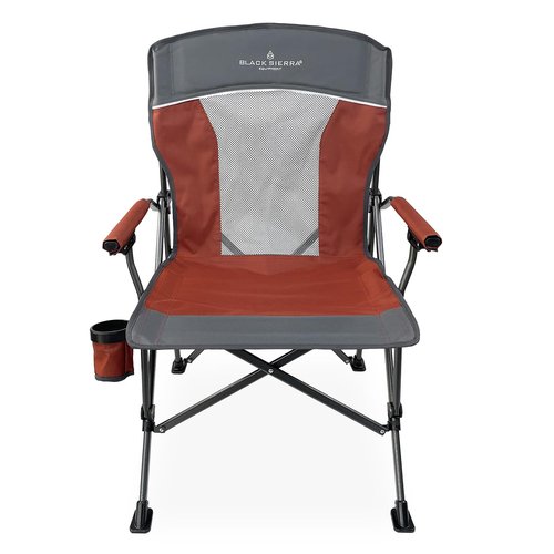 Black Sierra Camping Chair w/Padded Hard Armrest, Folding Lawn Chair w/Mesh Vented Back, Portable Beach Chair w/Cup Holder and Carry Bag, Supports 300 lbs for Sports, Backyard, Tailgating