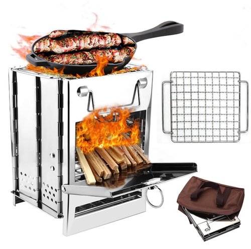 Camping Wood Burning Stove with Grill, Collapsible Backpacking Survival Rocket Stove Stainless Steel Campfire Stove for Outdoor Cooking Picnic Hiking BBQ (Sliver-Small)