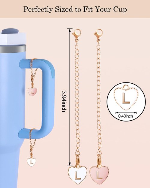 OriJoy Letter Charm Accessories for Stanley Cup, 2PCS Name ID Letter Handle Charm for Stanley/Simple Modern Tumbler, Heart Shape Initial Identification Pendant（L）
