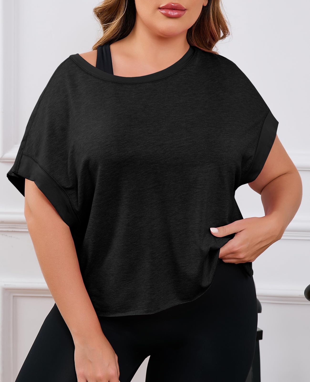 Fisoew Womens Plus Size Open Back Workout Tops Black