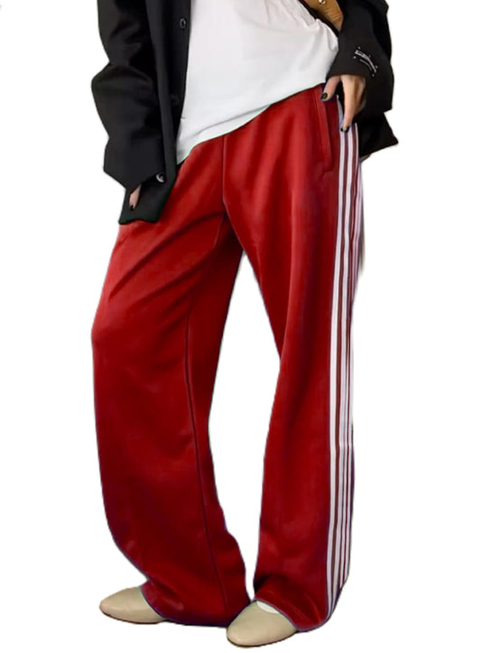KMBANGI Women Striped Track Pants Elastic Waist Straight Leg Sweatpants Joggers Wide Leg Side Stripes Pants with Pockets(Casual Red,S)