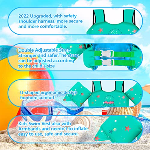 Kids Swim Vest Life Jacket for 30-55 lbs - Bright Green Toddler Floaties with Shoulder Harness & Arm Wings - for 2-7 Years Old