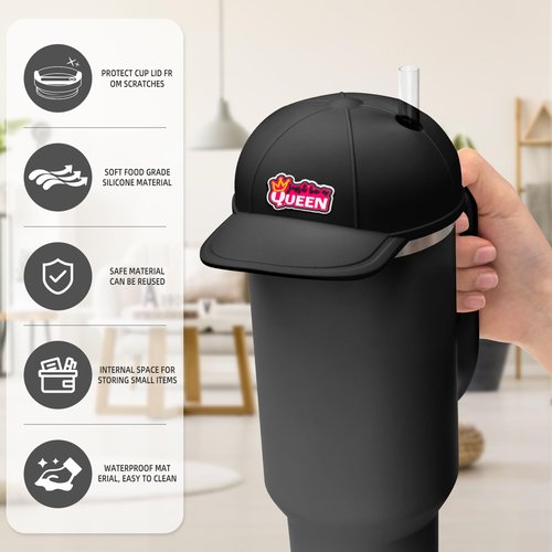 Tizuxa Baseball Cap Dustproof Lid Cover for Stanley Cup, with 7pcs Cap Charms Decorative Dust Covers for 40 Oz Tumbler Silicone Cup Accessories Decoration Case - Black