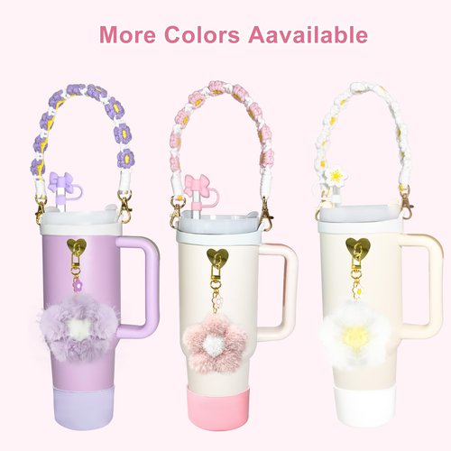 with Stanley Cup Accessories including Cute Pom-pom Stanley Charms, Water Bottle Handle Strap, Silicone Boot, and 0.4" Straw Cover for 30oz 40oz Tumbler Accessories, Pink