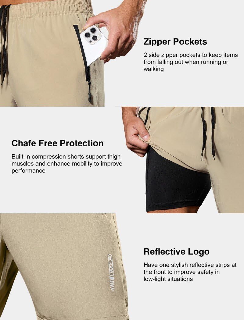SILKWORLD Men's Athletic Running Shorts 7" Quick Dry Gym Workout Shorts Stretch Side-Split Leg Basketball Shorts with Zip Pockets,Khaki,Medium