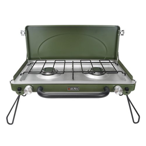 ONLYFIRE Portable Camping Stove 2-Burner, Propane Camp Stove with Foldable Legs, Camping Grill Stove with Adjustable Burners, Heavy-Duty Latch & Handle for Camping Tailgating RV BBQ, Green