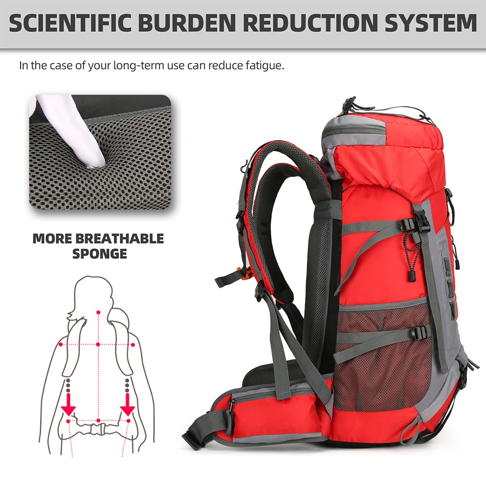King'sGuard 60L Hiking Backpack Lightweight Camping Backpack with Rain Cover Large Waterproof Packable Outdoor Trekking Travel Backpack for Men Women (Red)