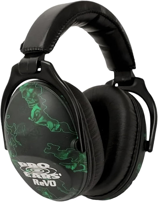 Pro Ears ReVO Passive Ear Muffs, Perfect for Children & Adults with Smaller Heads, NRR 25, Comfortable Fit w/Proform Leather Cushions, Ideal for Hunting, Concert, Racing, USA-Made, Zombie