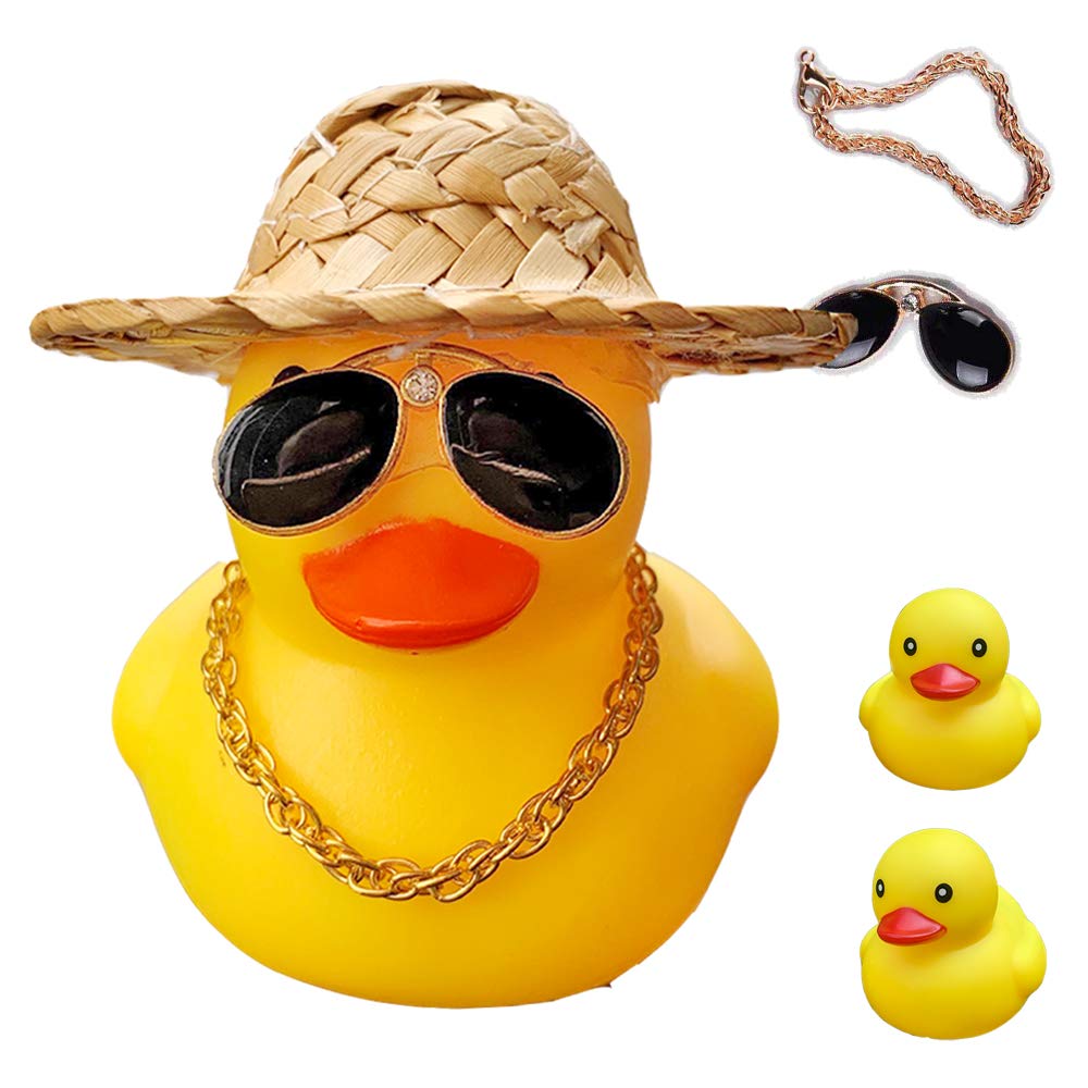 ACEDOAMARE Duck Bike Bell, Cute Rubber Yellow Duck Bicycle Accessories with LED Light Propeller Helmet Squeeze Horns for Cycling Motorcycle Handlebar Bicycle (Straw hat)