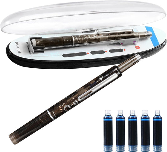 Protectivemethod Fountain Pen Retractable 0.38mm, Medium Nib Blue Ink,Transparent Barre, Smooth Writing No Leaking For School Office Writing, Includes 5 Refillable Ink Cartridges