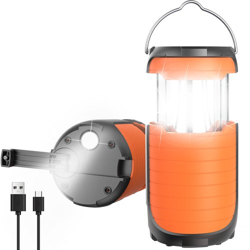 Solar Camping Lantern,Rechargeable Battery Powered Camping Lantern, 2 Lighting Modes, 5000mAh Long Battery Life, USB Charging Port, Waterproof Camping Lamp for Emergency/ Hiking/ Fishing