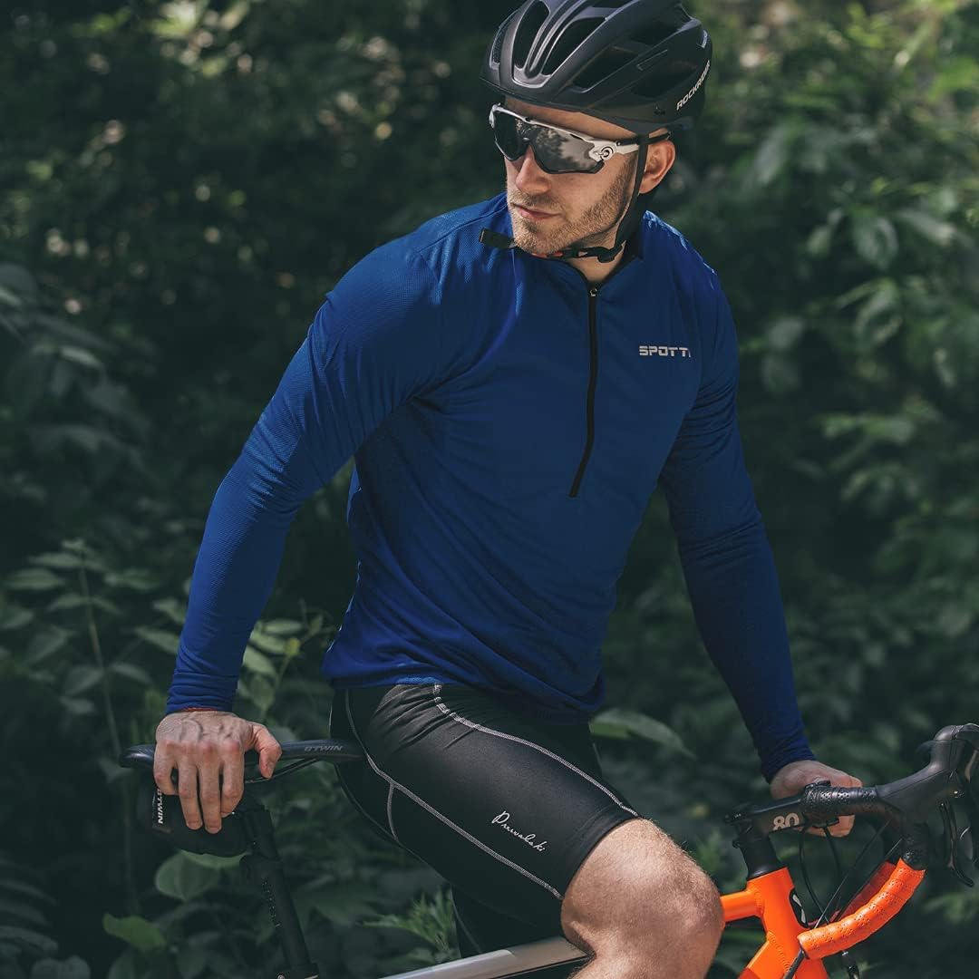 Spotti Men's Cycling Bike Jersey Long Sleeve with 3 Rear Pockets - Moisture Wicking, Breathable, Quick Dry Biking Shirt