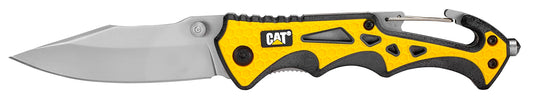Cat 7-3/4 Inch Drop Point Folding Pocket Knife with Glass Break and Carabiner, Camping, Outdoors, Handy Pocket Clip, and Dual Thumb Studs, Every Day Carry - 980524