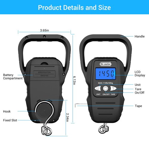 Dr.meter Fish Scale - Upgraded Backlit LCD Display Digital Scale with Built-in Measuring Tape - 110lb/50kg Luggage Scale Fishing Scale with 2 AAA Batteries, Large Handle - Fishing Gifts for Men,