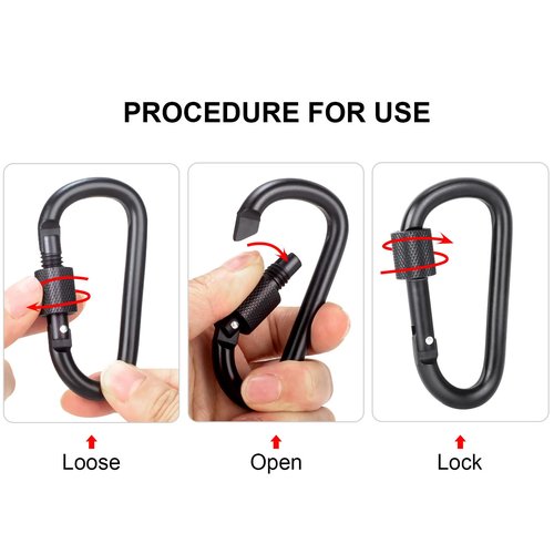 Carabiner Clip, 3" Locking Carabiners, D Ring Shape Caribeaner with Key Rings, Aluminum Carabiner for Keychain Clip, Black, 2 Pack