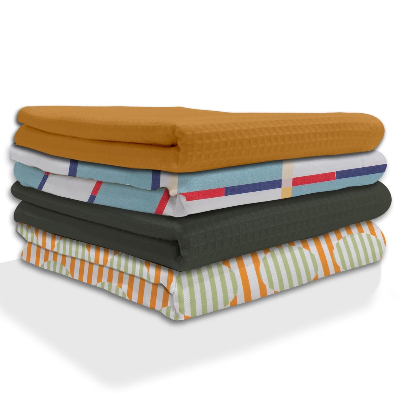 IXORA DECOR 100% Cotton Kitchen Towels Set of 4 | 2 Solid Dyed Waffle Weave Dishcloths & Geometric Digital Print Kitchen & Table Linen Cloth | Super Absorbent Napkins | 50 x 70 Inches