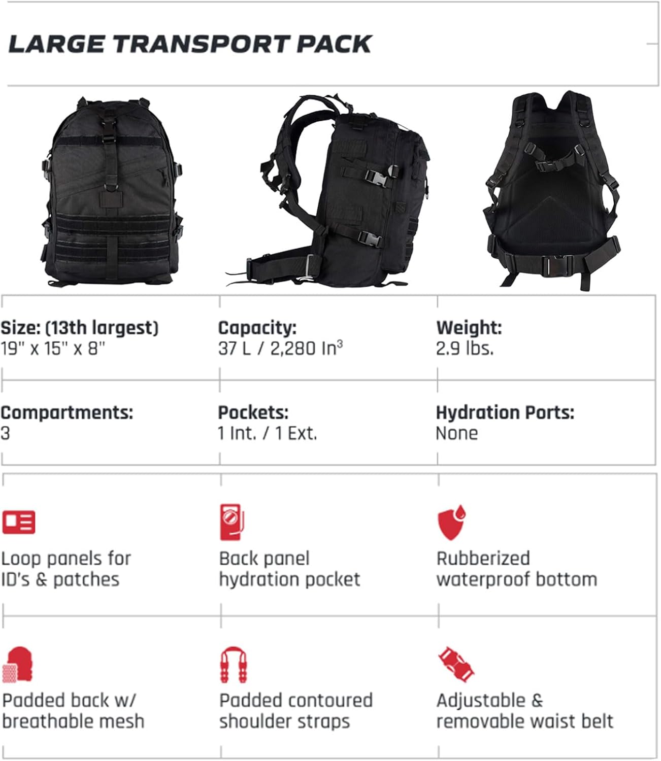 Fox Outdoor Products Large Transport Pack | 37L Tactical Backpack with Compression Straps, Hydration Pocket & Modular Webbing