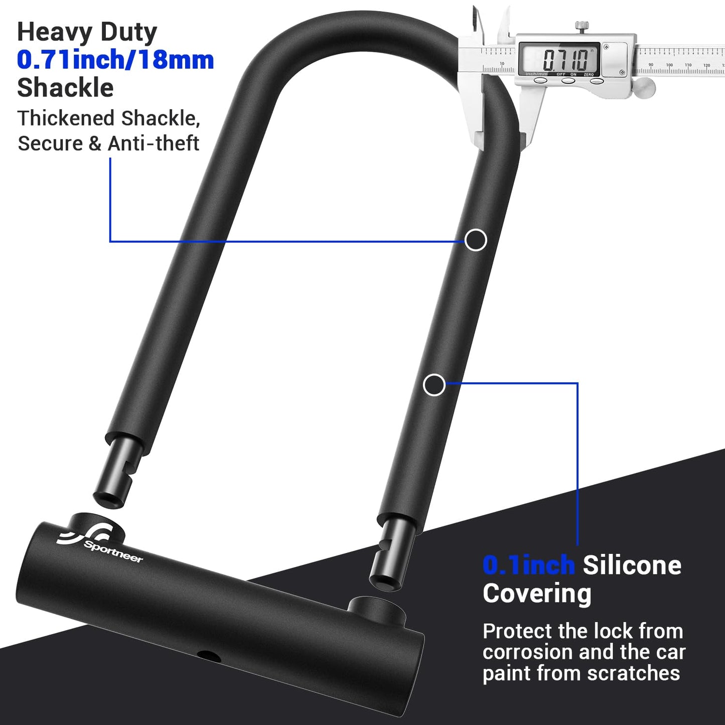 Sportneer Bike U Lock - 18mm Shackle Heavy Duty Anti Theft Bike Locks with 3 Keys - Bicycle U-Locks with Sturdy Mounting Bracket for Road, Mountain, Electric & Folding Bike, Size 11.5''x6.25''