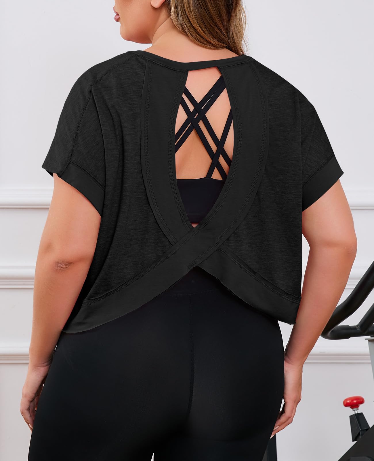 Fisoew Womens Plus Size Open Back Workout Tops Backless Short Sleeve Athletic Shirt Running Crop Top Gym Yoga T-Shirt Black