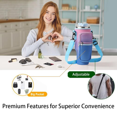 SANNADADOWater Bottle Carrier Bag with Phone Pocket for Stanley 40oz Tumbler Simple Modern Tumbler with Handle 40oz Tumbler Carrier With Strap Stanley Accessories (Gradient Purple)