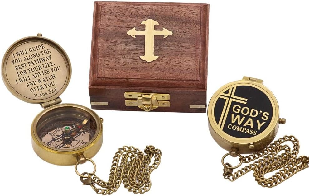 God’s Way Compass, Psalm 32:8, Solid Brass Directional Engraved Compass, Baptism Gifts for Boys Girls, First Communion, Christian Gifts for Men, First Confirmation Gifts for Boys Catholic Gifts