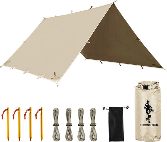 FREE SOLDIER Waterproof Portable Tarp Multifunctional Outdoor Camping Traveling Awning Backpacking Tarp Shelter Rain (Brown 10×10.5ft)