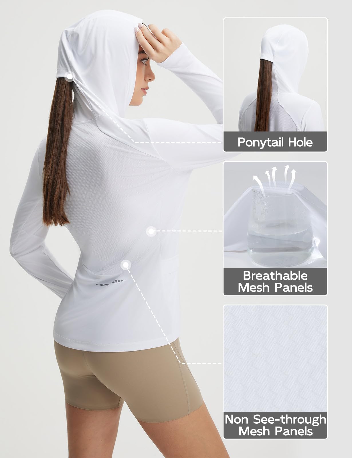 baleaf Women's Sun Shirts UPF 50+ UV Shirt Mesh Back Lightweight Long Sleeve Tops Breathable SPF Hoodie for Hiking White M