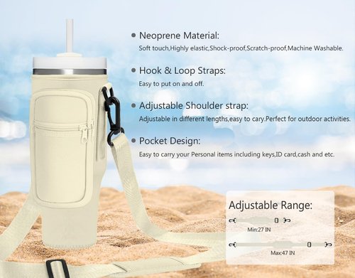 Momocici Cup Holder Carrier Bag with Strap and Pouch for Stanley Quencher 40oz Tumbler. Cup Crossbody Holder Bag Compatible with Stanley Cup for Hiking Travelling Camping.(Cream)