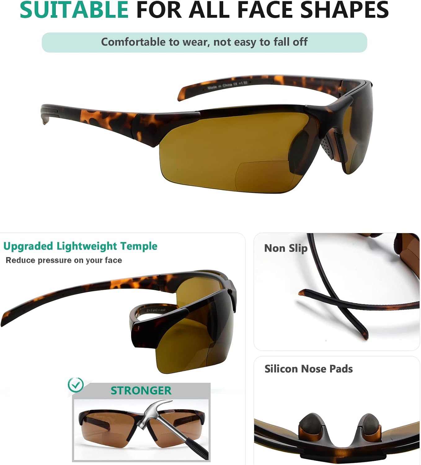 Eyekepper TR90 Unbreakable Sports Half-Rimless Bifocal Sunglasses Baseball Running Fishing Driving Golf Softball Hiking