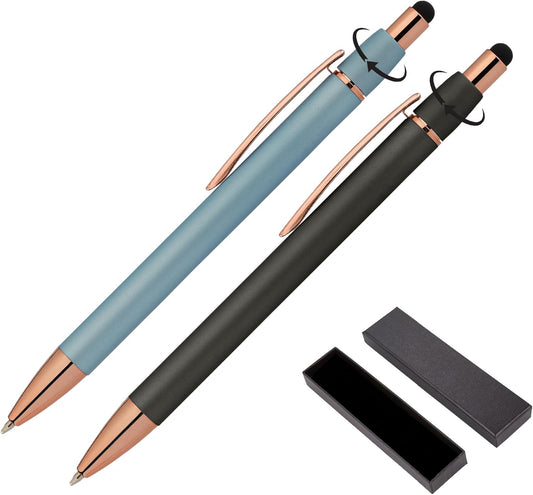 Fidget Pen for Adults - 2 Pack Stress Relief Pens with Gift Box - ADHD Anxiety - Metal with Rubber Grip - Focus for Office, Work (Black-Blue)